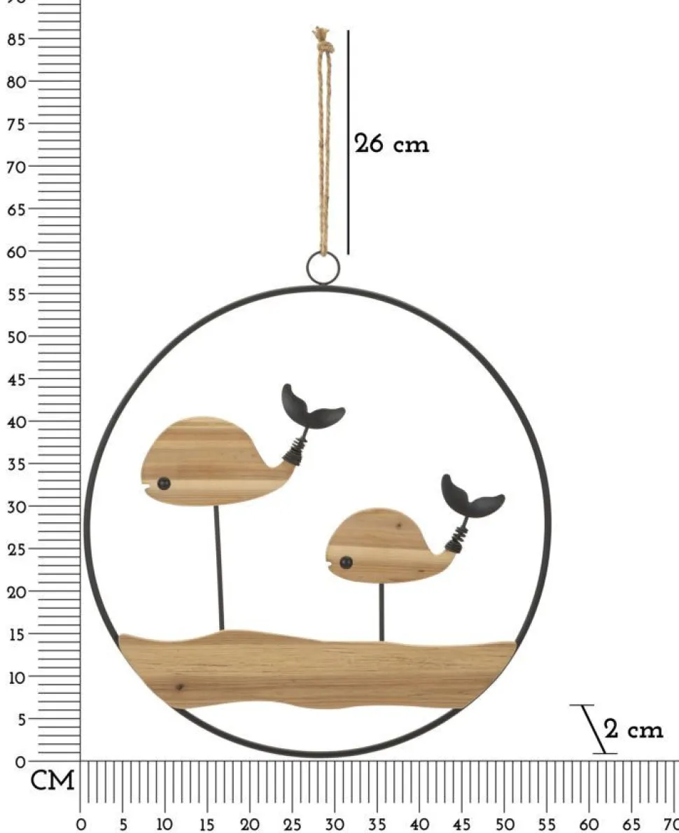 Décoration murale 3D ronde Baleines métal et bois massif