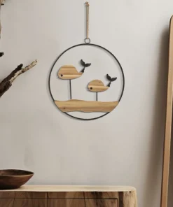 Décoration murale 3D ronde Baleines métal et bois massif