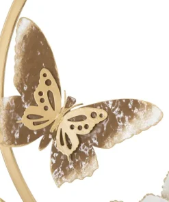 Décoration murale 3D ronde en métal doré avec fleurs et papillons multicolores