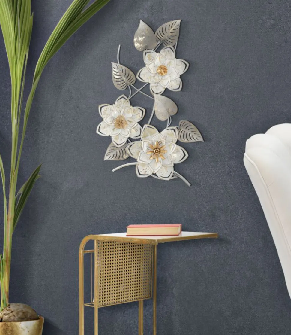 Décoration murale en métal géométrique et floral argenté doré