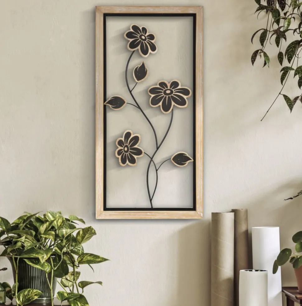 Décoration murale fleurs Girish Métal Noir et Bois Marron