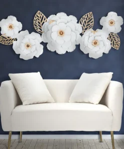 Décoration murale métal 3D fleurs et feuilles Blanc Or