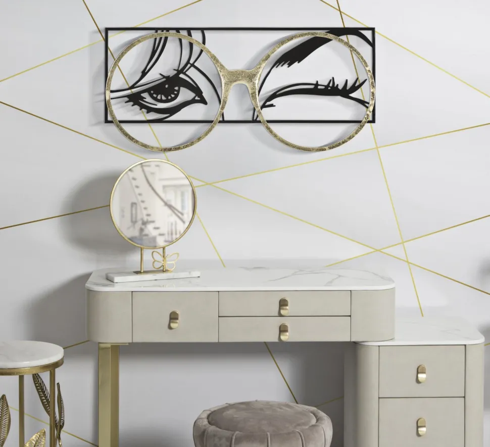 Décoration murale métal noir visage lunettes métal doré
