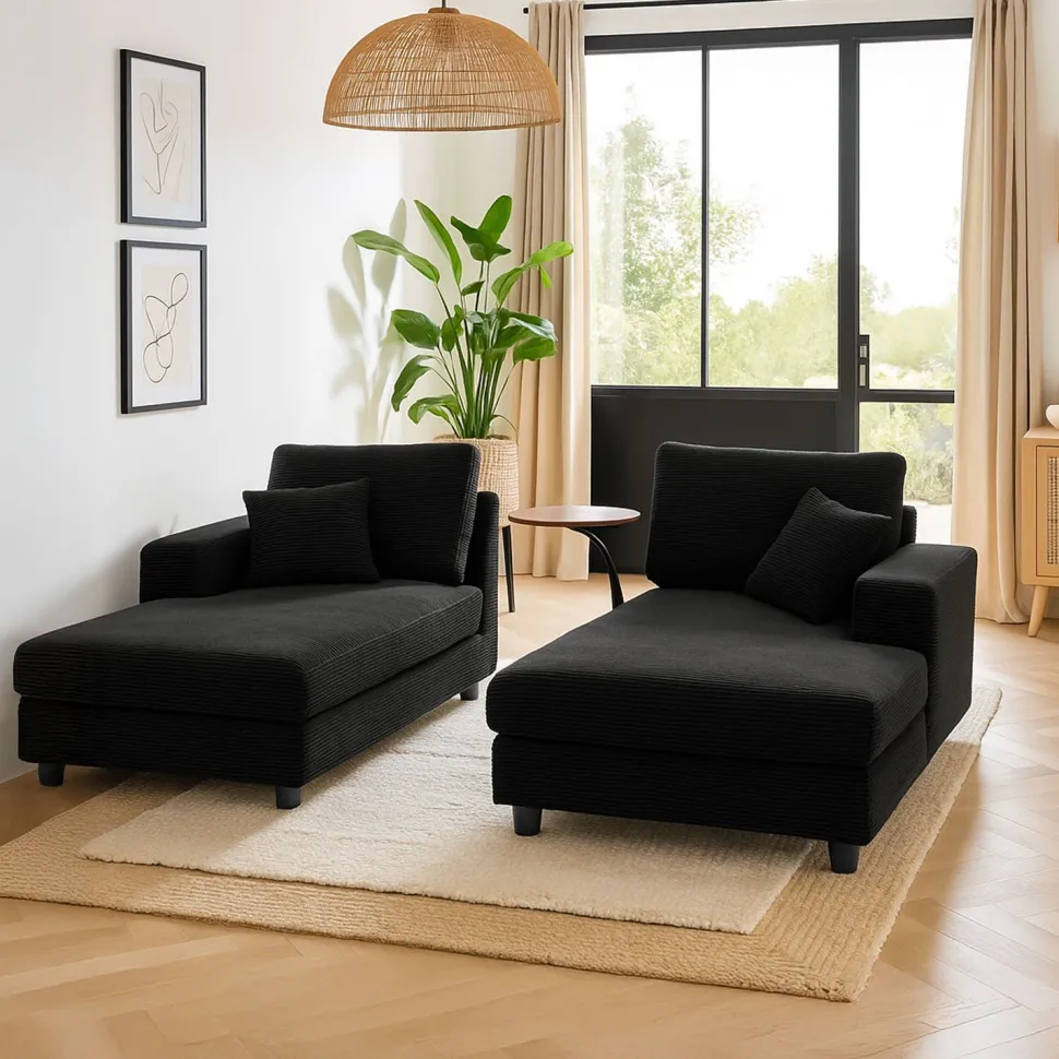 Duo de méridiennes Fabien combinables en canapé profond Velours côtelé Noir