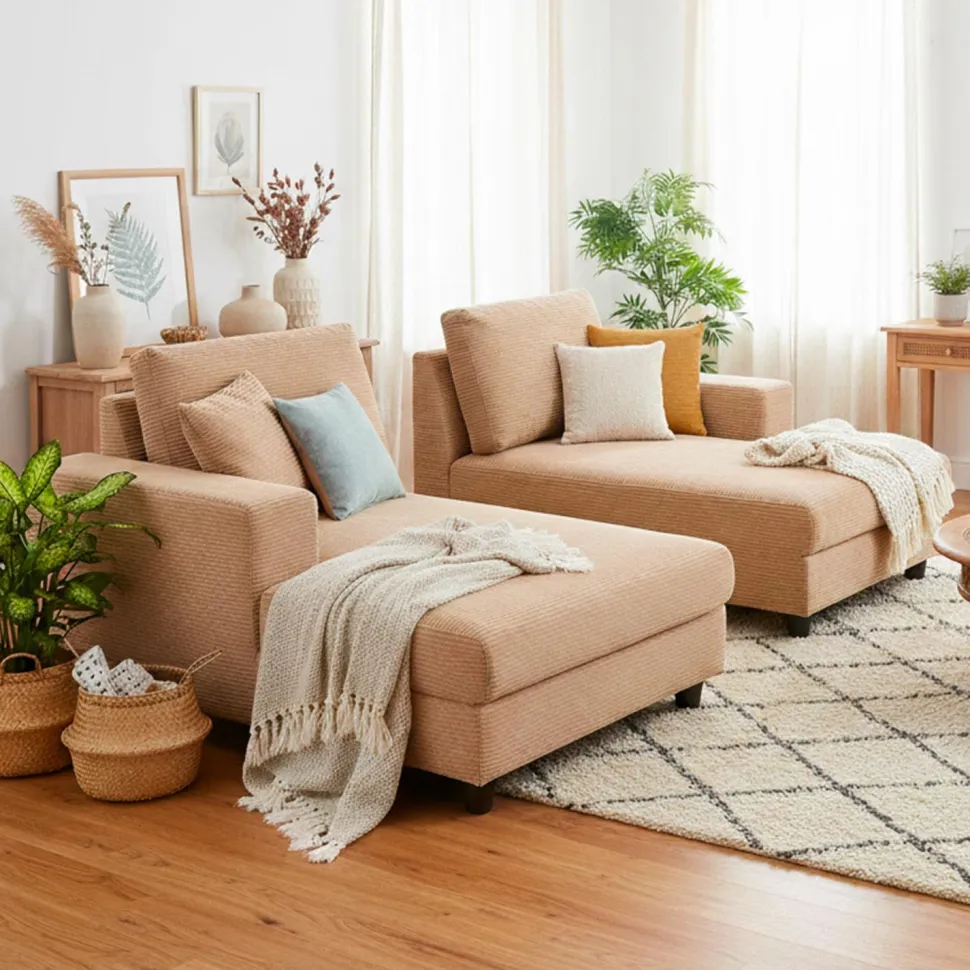 Duo de méridiennes Fabien combinables en canapé profond Velours côtelé Beige