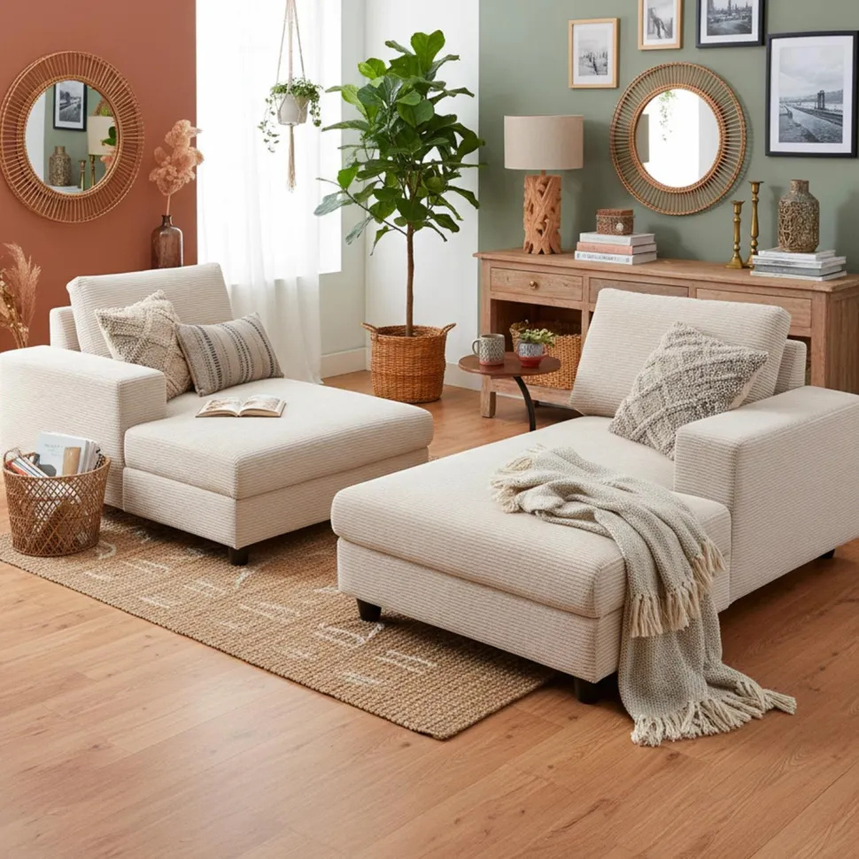 Duo de méridiennes Fabien combinables en canapé profond Velours côtelé Crème