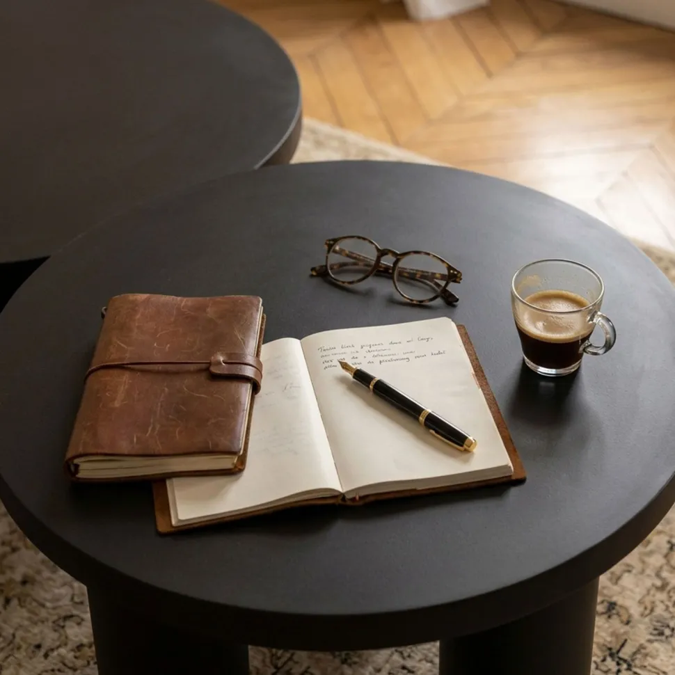 Ensemble de 2 tables basses rondes avec piètement style colonne Storia Noir