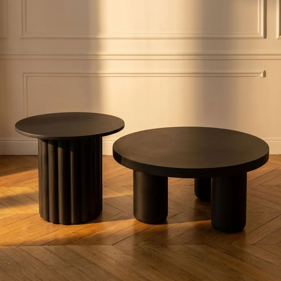 Ensemble de 2 tables basses rondes avec piètement style colonne Storia Noir