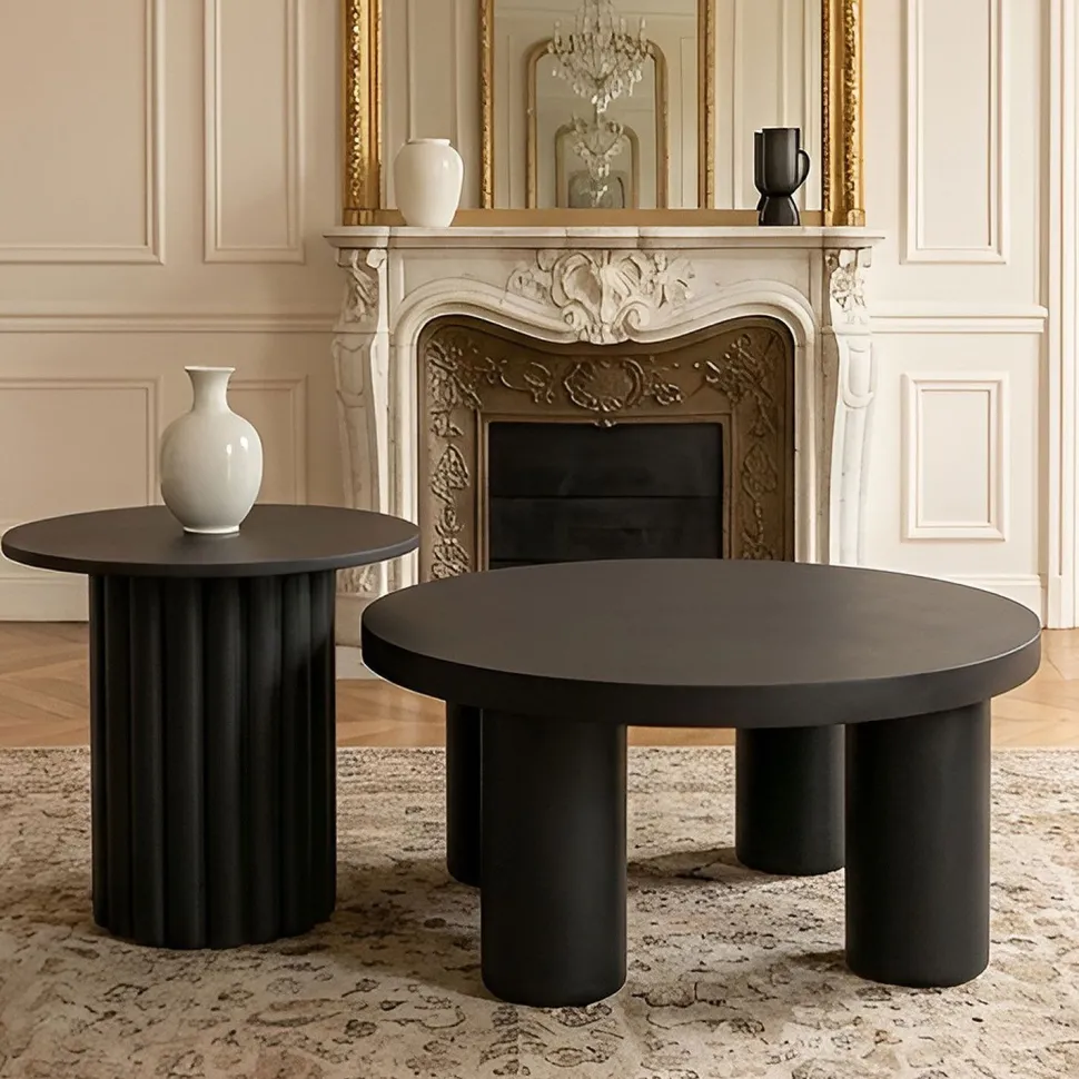 Ensemble de 2 tables basses rondes avec piètement style colonne Storia Noir
