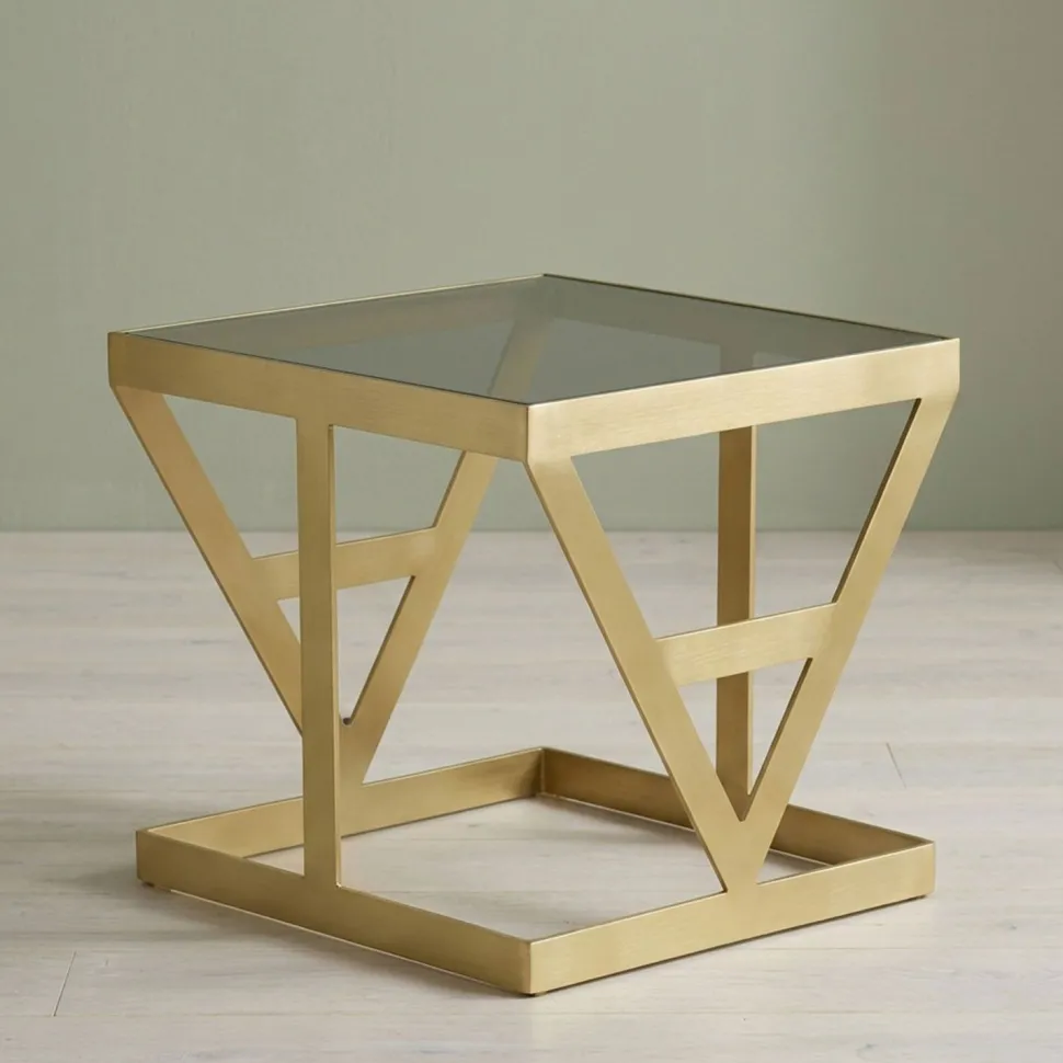 Ensemble de 3 tables d'appoint Amstra en Verre fumé et Métal Or