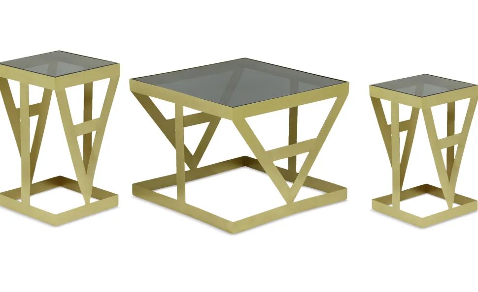 Ensemble de 3 tables d'appoint Amstra en Verre fumé et Métal Or