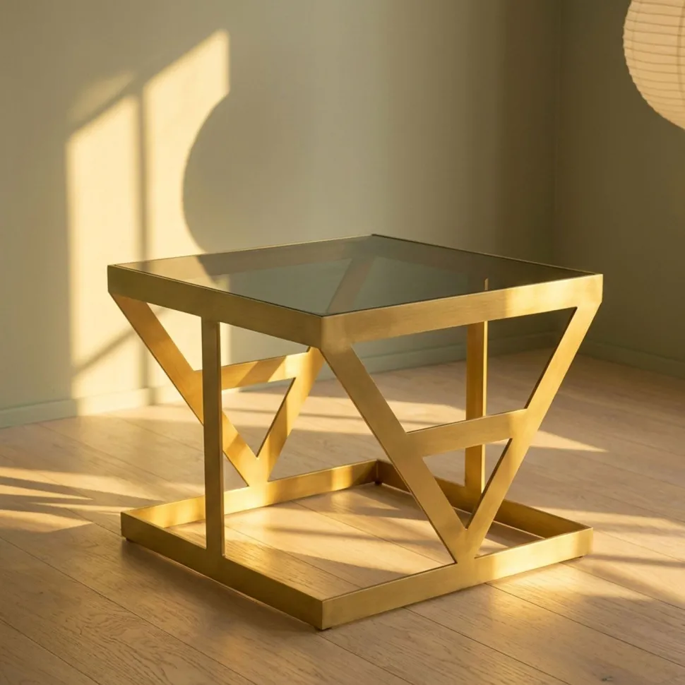 Ensemble de 3 tables d'appoint Amstra en Verre fumé et Métal Or