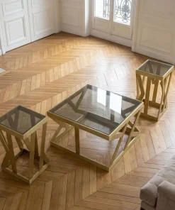 Ensemble de 3 tables d'appoint Zendaya en Verre fumé et Métal Or
