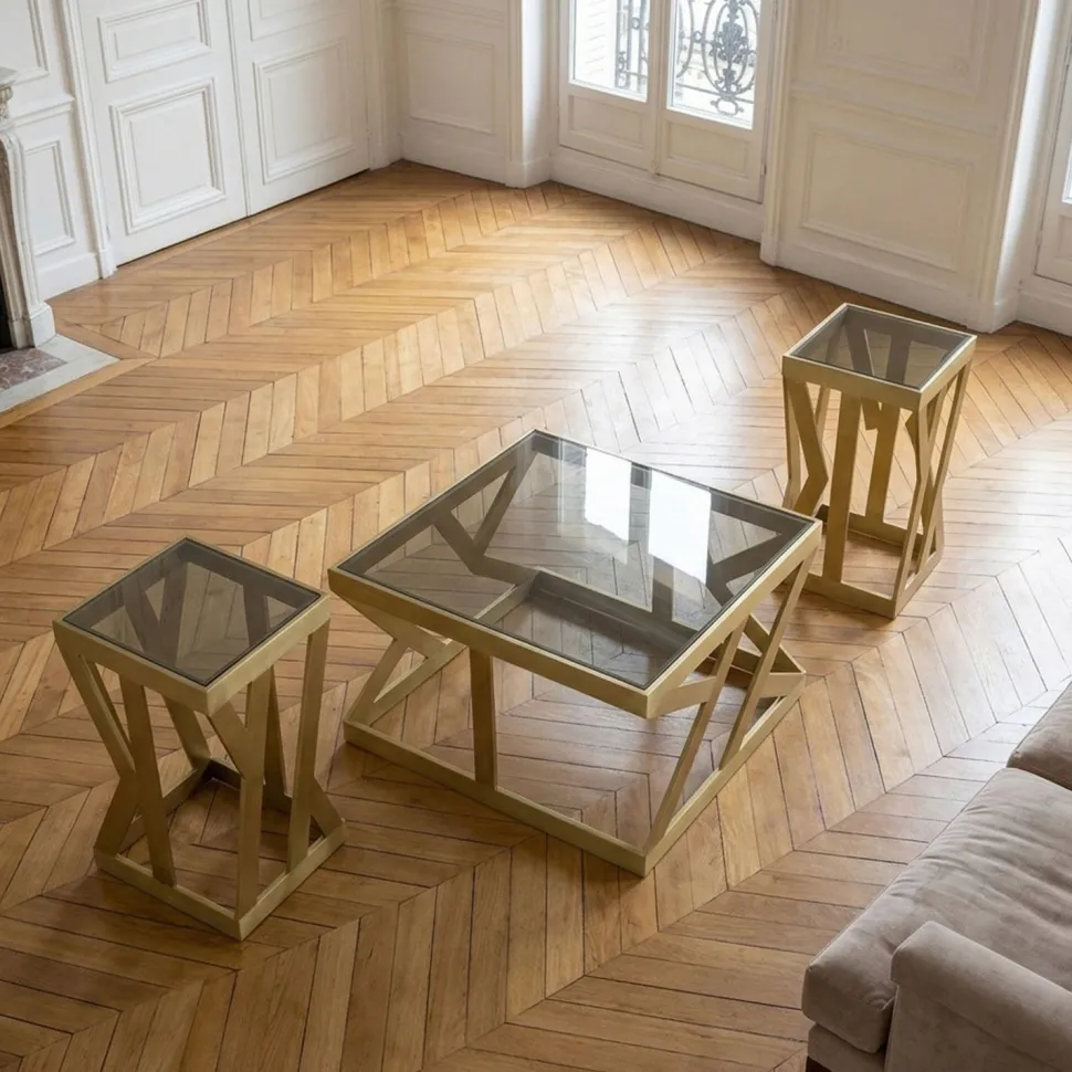Ensemble de 3 tables d'appoint Zendaya en Verre fumé et Métal Or