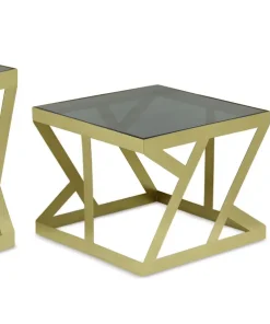 Ensemble de 3 tables d'appoint Zendaya en Verre fumé et Métal Or