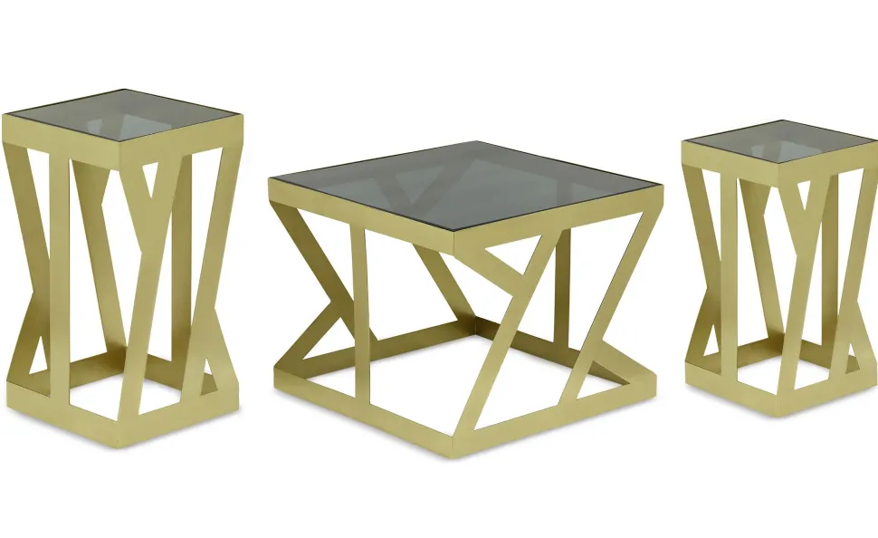 Ensemble de 3 tables d'appoint Zendaya en Verre fumé et Métal Or