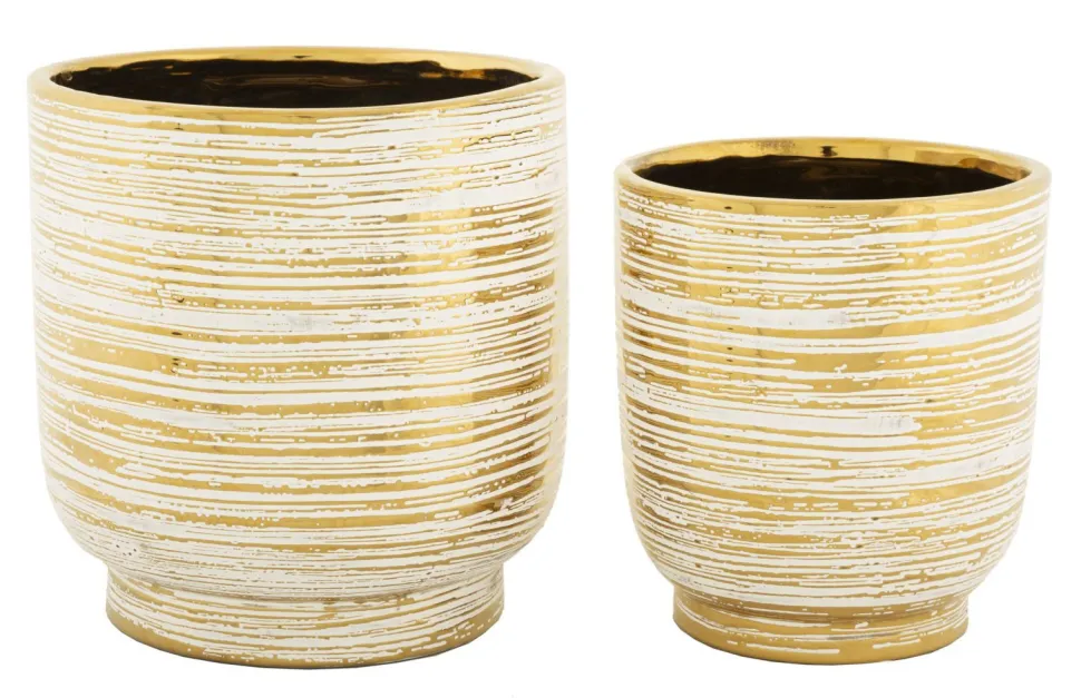 Ensemble de 2 vases Céramique décorations en relief Blanc et Or