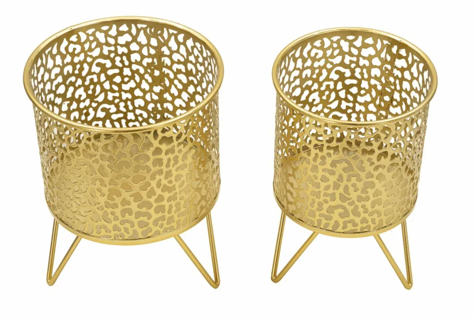 Ensemble de 2 vases porte-épingle métal doré décoré de sculptures irrégulières