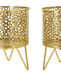 Ensemble de 2 vases porte-épingle métal doré décoré de sculptures irrégulières