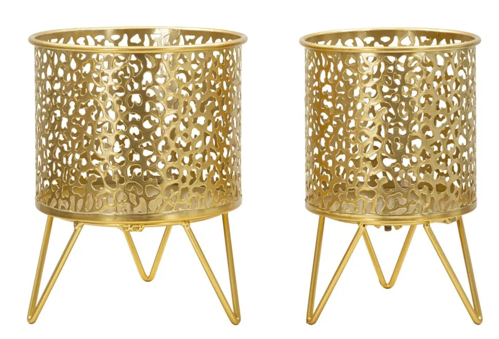 Ensemble de 2 vases porte-épingle métal doré décoré de sculptures irrégulières