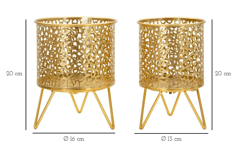 Ensemble de 2 vases porte-épingle métal doré décoré de sculptures irrégulières