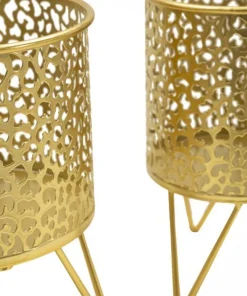 Ensemble de 2 vases porte-épingle métal doré décoré de sculptures irrégulières