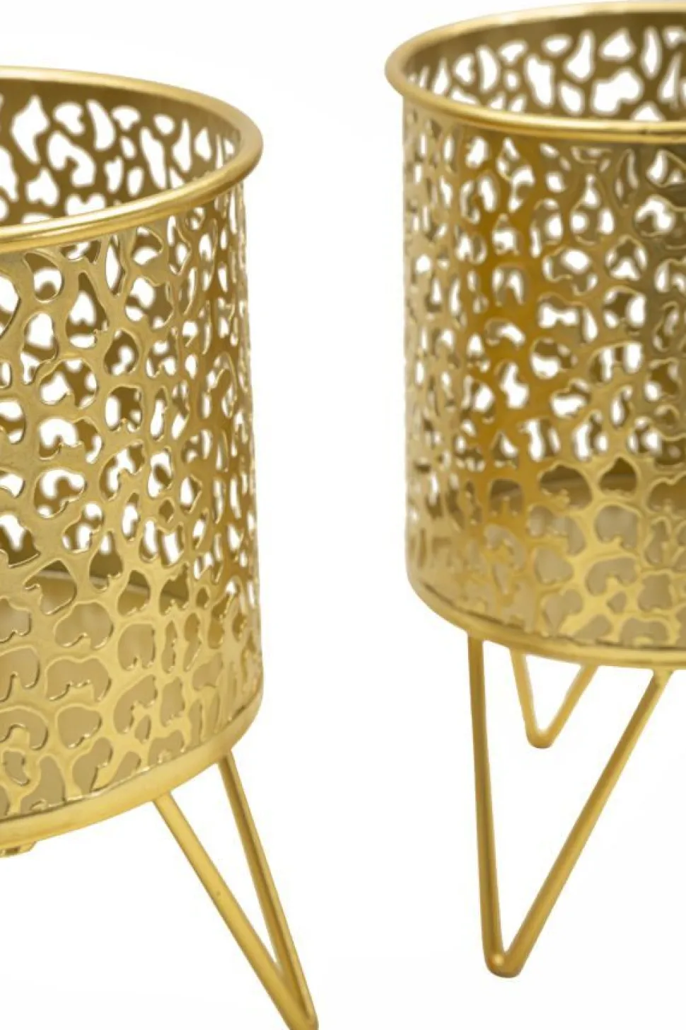 Ensemble de 2 vases porte-épingle métal doré décoré de sculptures irrégulières