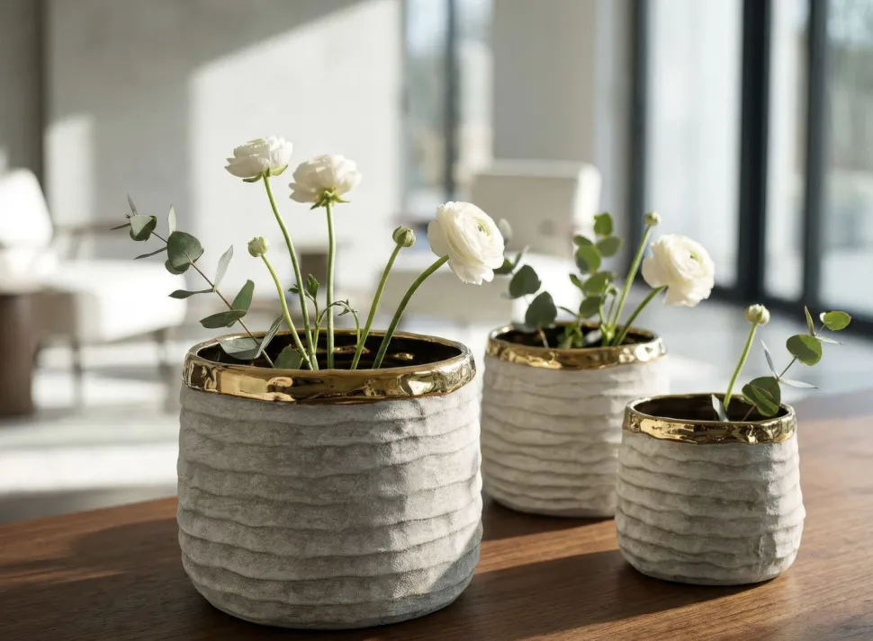 Ensemble de cache-pots cylindriques texture naturelle intérieur doré 3 pcs