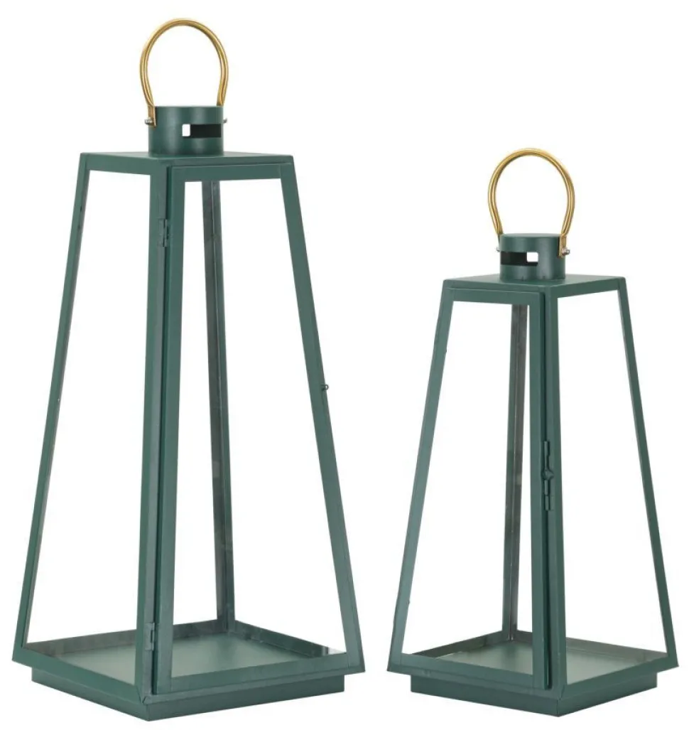 Ensemble de lanternes vertes Poignée dorée Fer et verre