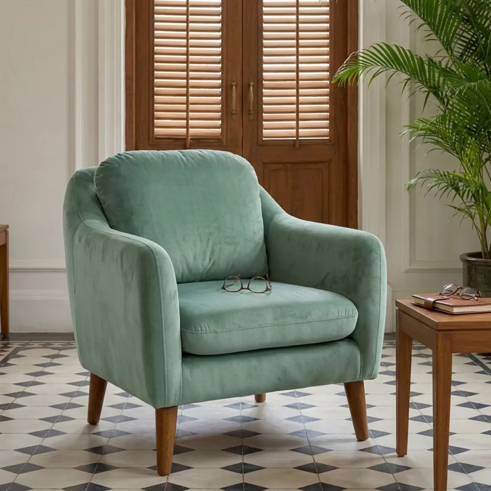 Fauteuil Ashild Pin massif Marron et Tissu vert clair