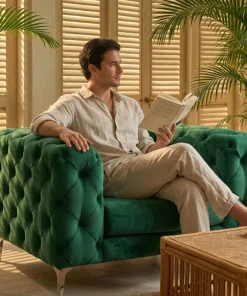 Fauteuil capitonné avec coussin Alykes Velours Vert