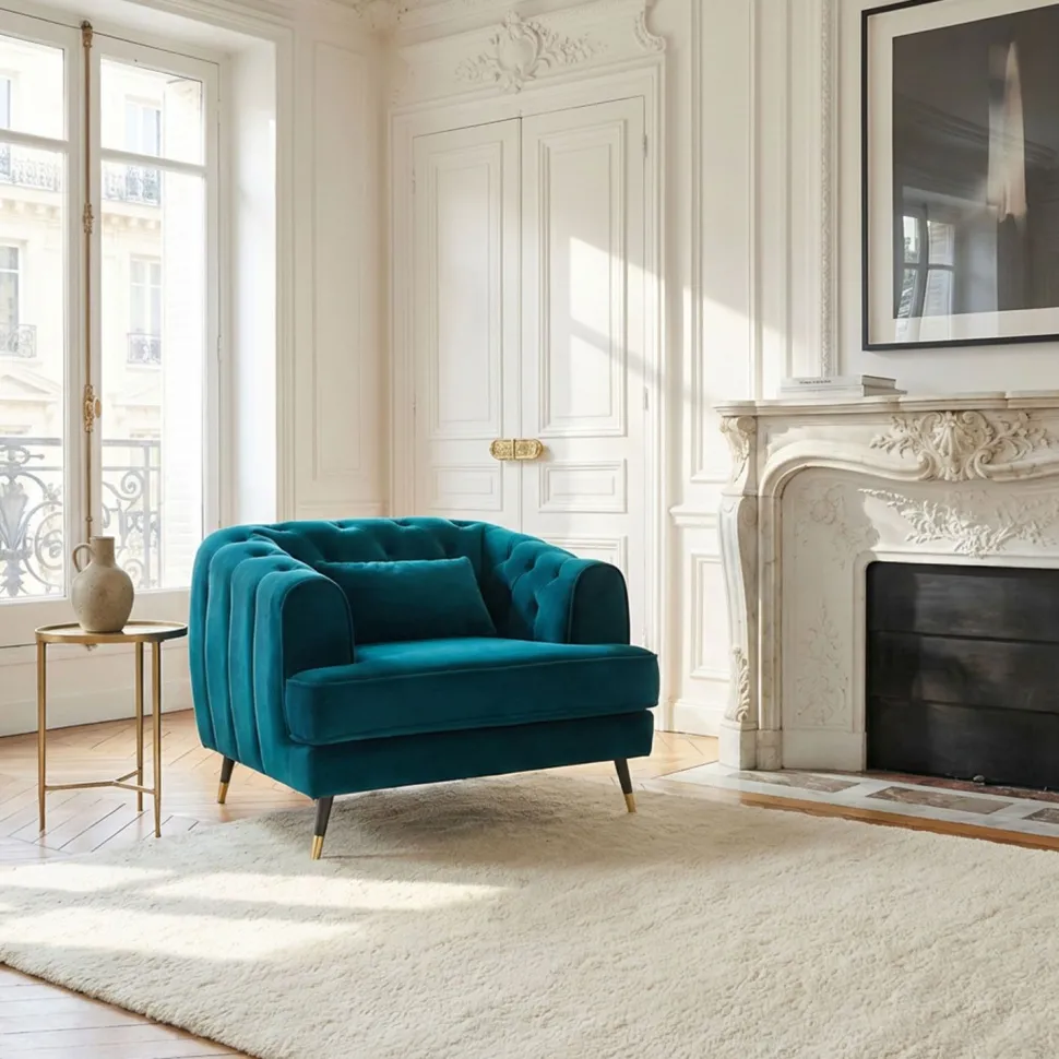 Fauteuil capitonné style boudoir Glams Velours Bleu canard
