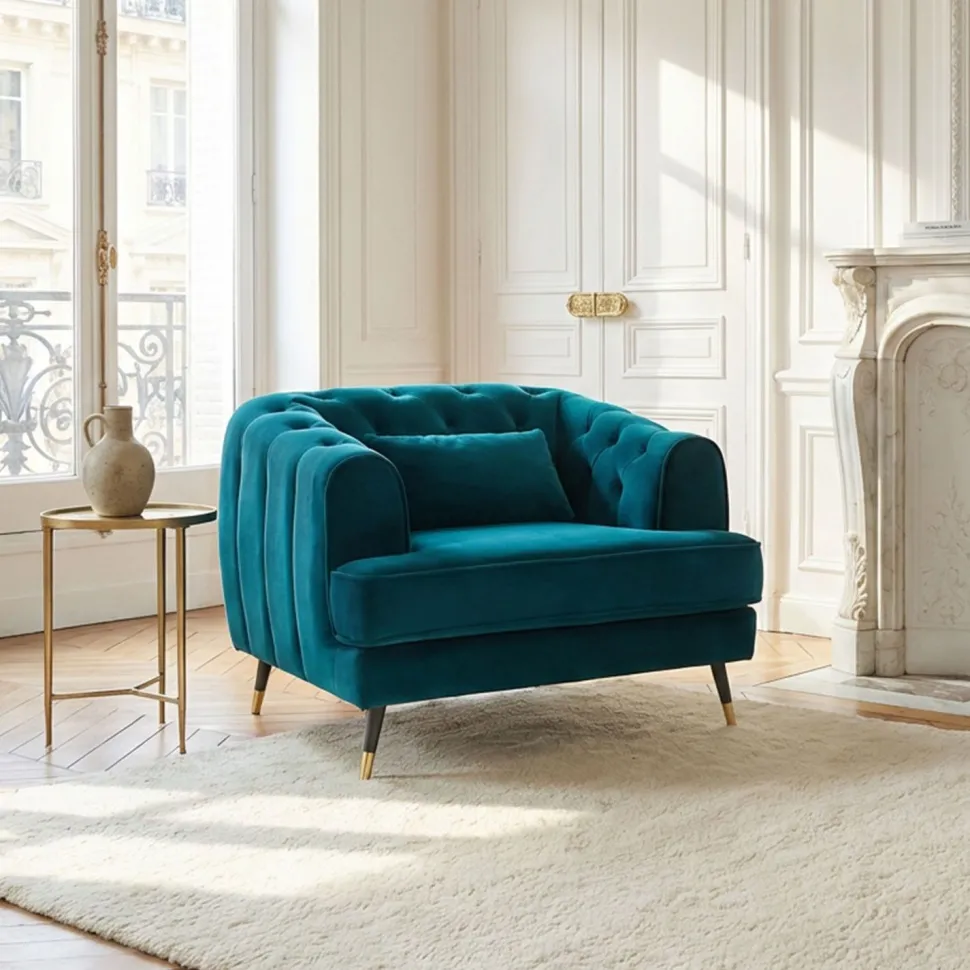 Fauteuil capitonné style boudoir Glams Velours Bleu canard
