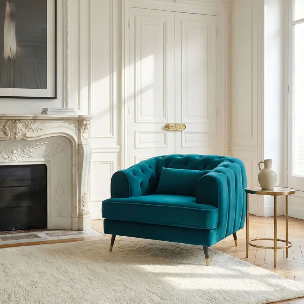 Fauteuil capitonné style boudoir Glams Velours Bleu canard