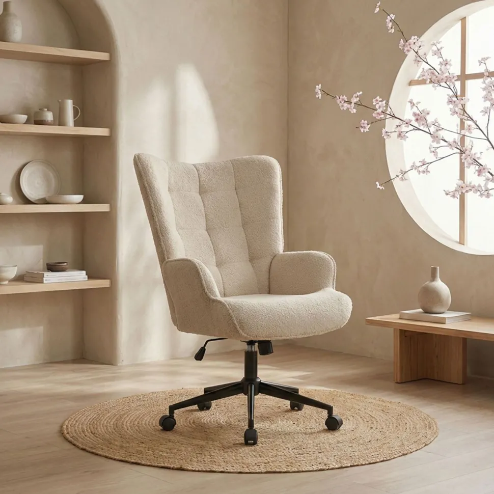 Fauteuil de bureau moderne à haut dossier Florelo Tissu bouclette Beige