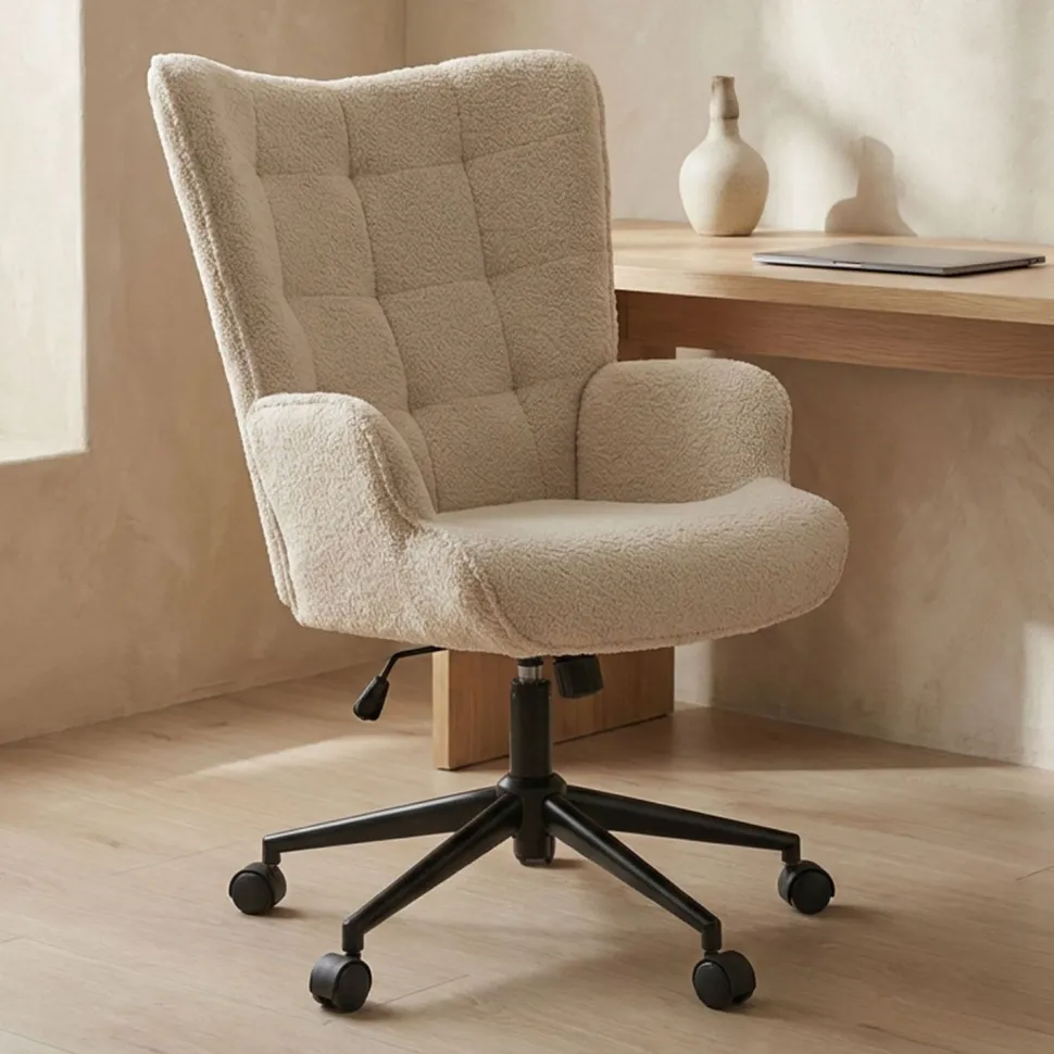 Fauteuil de bureau moderne à haut dossier Florelo Tissu bouclette Beige