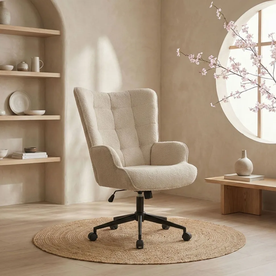Fauteuil de bureau moderne à haut dossier Florelo Tissu bouclette Beige