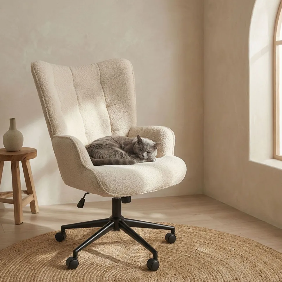Fauteuil de bureau moderne à haut dossier Florelo Tissu bouclette Beige