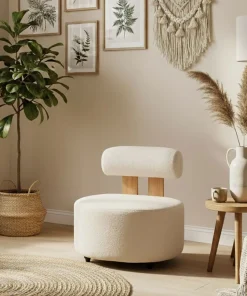 Fauteuil design Canelo Bois clair et Tissu bouclette Crème