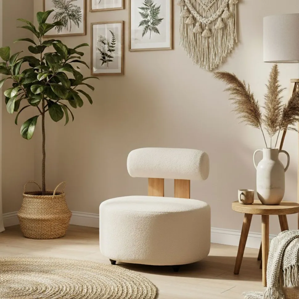 Fauteuil design Canelo Bois clair et Tissu bouclette Crème