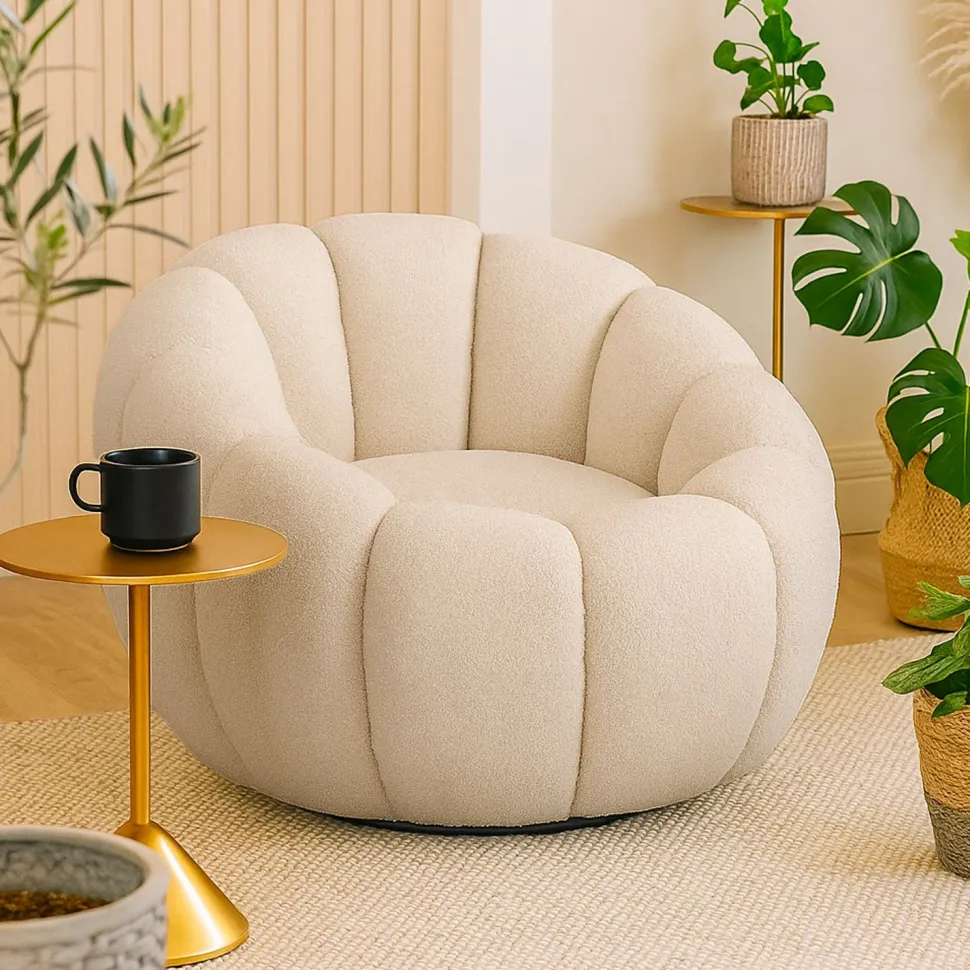 Fauteuil design coquillage Horizan Tissu bouclette Crème