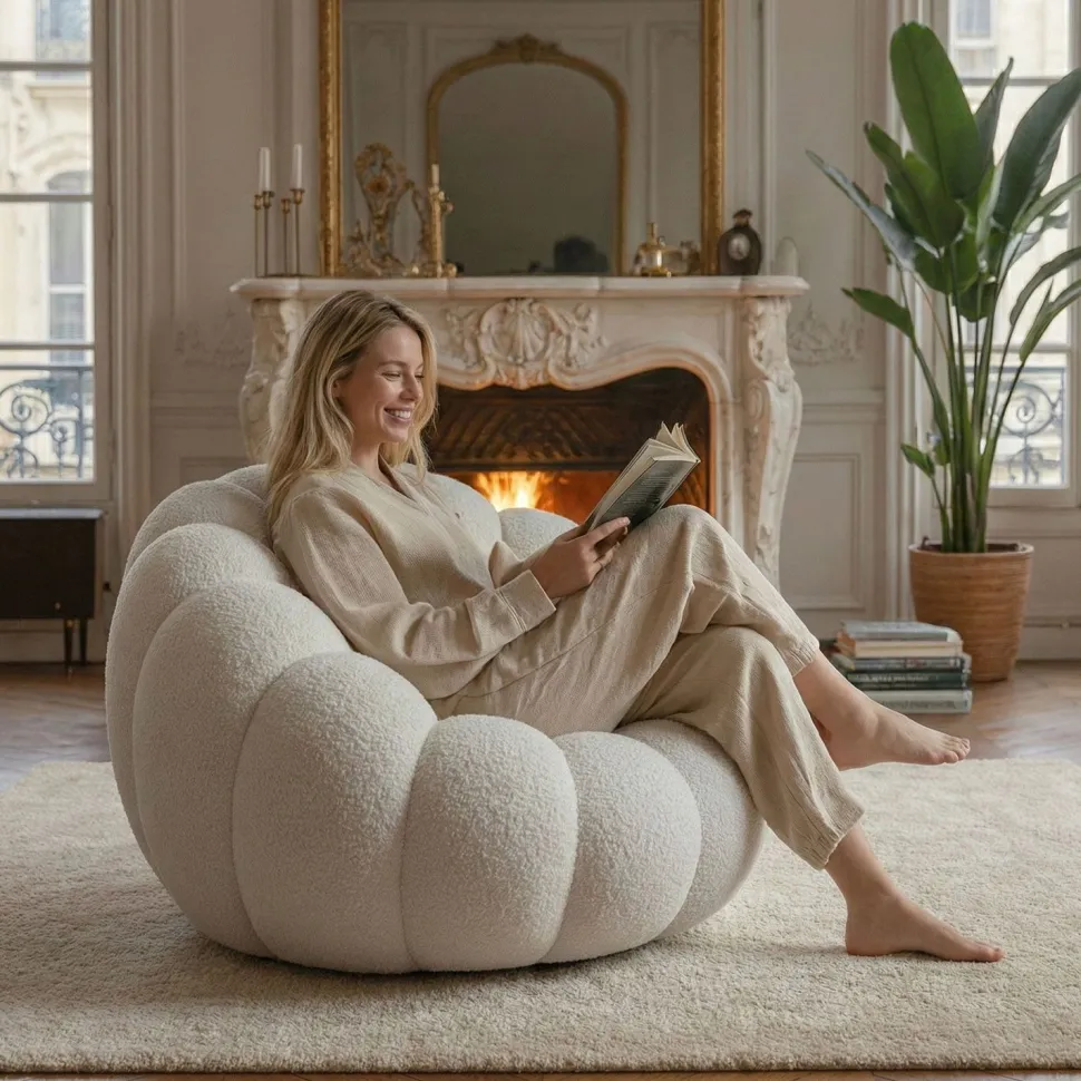 Fauteuil design coquillage Arielina Tissu bouclette Blanc