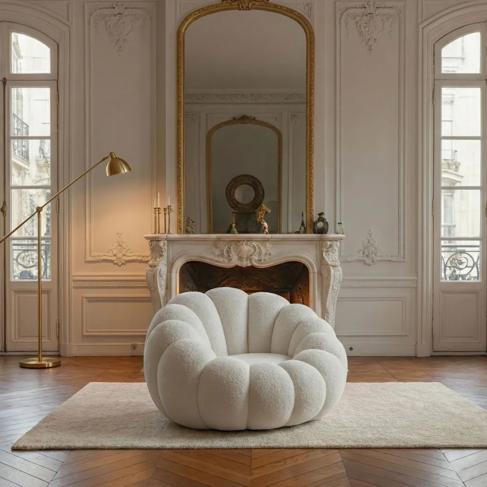 Fauteuil design coquillage Arielina Tissu bouclette Blanc