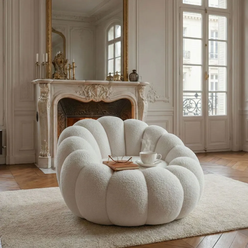 Fauteuil design coquillage Arielina Tissu bouclette Blanc