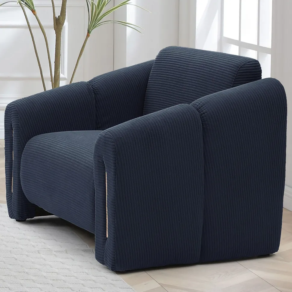 Fauteuil design Maximilien Métal doré et Velours côtelé Bleu foncé