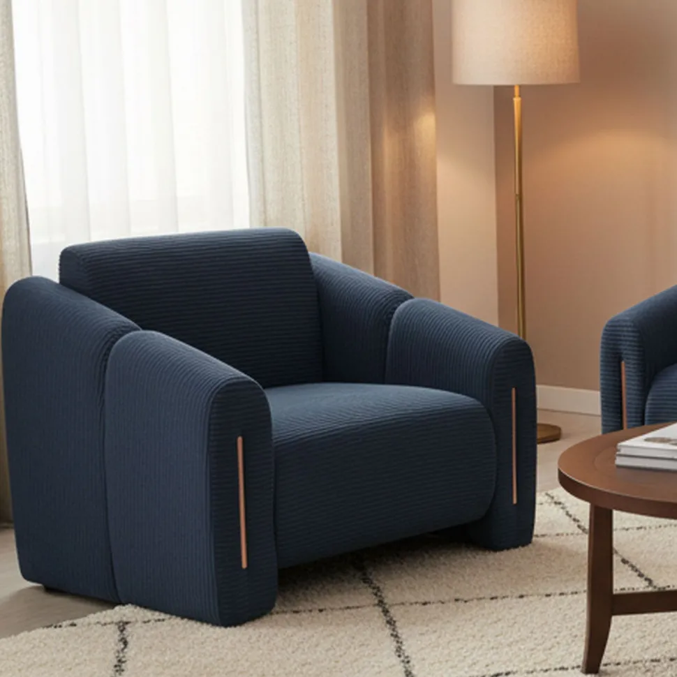 Fauteuil design Maximilien Métal doré et Velours côtelé Bleu foncé