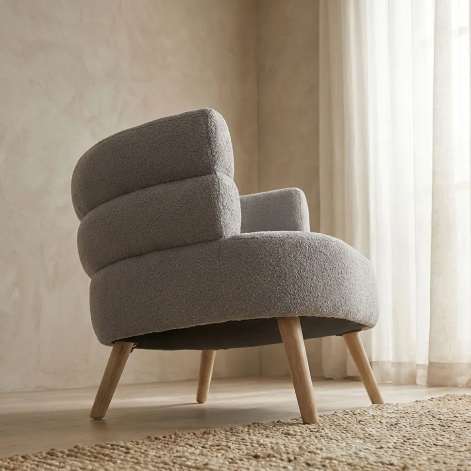 Fauteuil design scandinave arrondi Riviani Tissu bouclette Gris