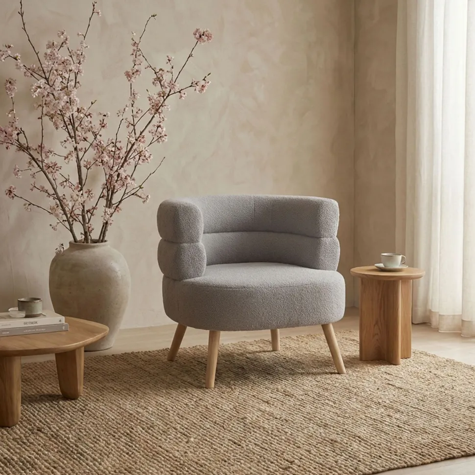 Fauteuil design scandinave arrondi Riviani Tissu bouclette Gris