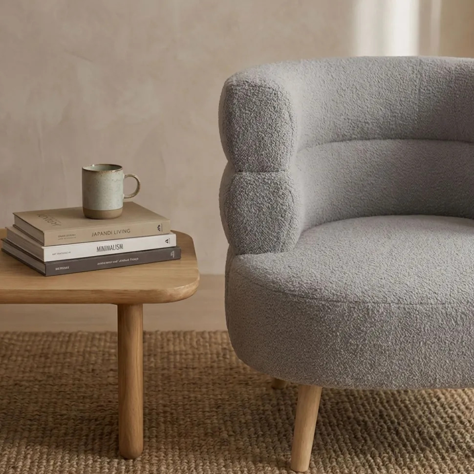 Fauteuil design scandinave arrondi Riviani Tissu bouclette Gris