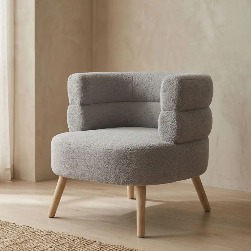 Fauteuil design scandinave arrondi Riviani Tissu bouclette Gris